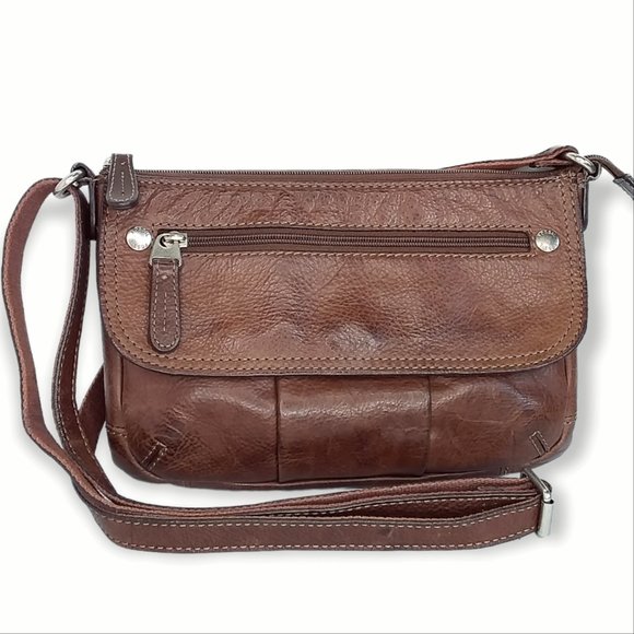 Vintage Fossil Crosstown Crossbody Bag Brown Pebbled Leather Multi Compartment - Picture 2 of 12